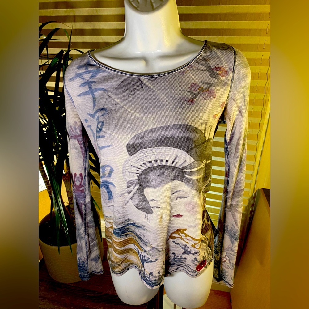 Vintage LUCKY Brand Womens Small Blue Geisha Girl Woven Cotton Shirt